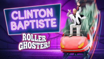 Comedian Clinton Baptiste rides a rollder coaster beside a neon sign reading 'Clinton Baptiste Roller Ghoster'