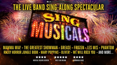 A black background with fireworks with 'Sing the Musicals' in lights.